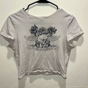 H&M White Graphic Crop Top with Skull and Roses